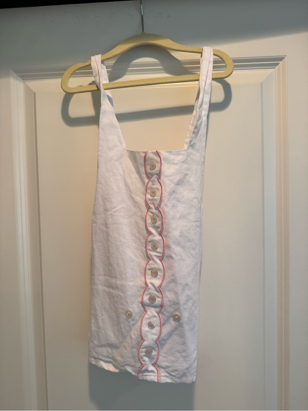 White Linen Tank Dress with Pink Scallop Button Trim